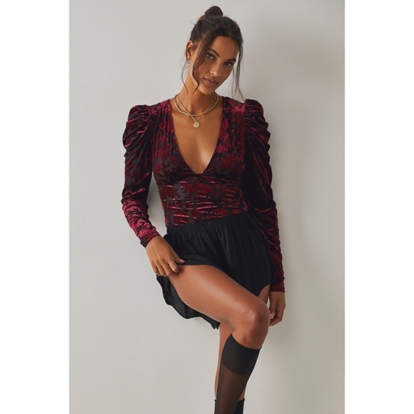 Free People Tops - NWT New Free People Red and Black Magic Hour Puff Sleeve Velvet Bodysuit Top S